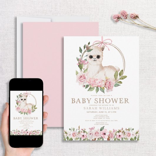 Cute Pink Waterverf Floral Llama Baby shower Kaart