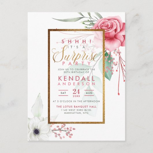 Cute Pink Waterverf Flowers Floral Surprise Party Uitnodiging Briefkaart (Voorkant)