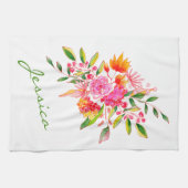 Cute Pink Waterverf Flowers Persoonlijke naam Theedoek (Horizontaal)