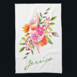 Cute Pink Waterverf Flowers Persoonlijke naam Theedoek<br><div class="desc">Deze mooie keukenhanddoek is voorzien van een kleurrijke roze en oranje waterverf bloemenzak. Pas het met jouw naam in een stijlvolle manuscripttypografie aan. Geweldig cadeauidee.</div>
