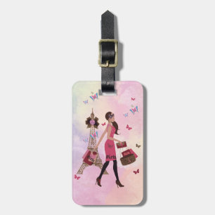 Cute Pink Waterverf Girl Paris Eiffel Tower Bagagelabel