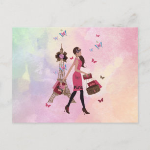Cute Pink Waterverf Girl Paris Eiffel Tower Briefkaart