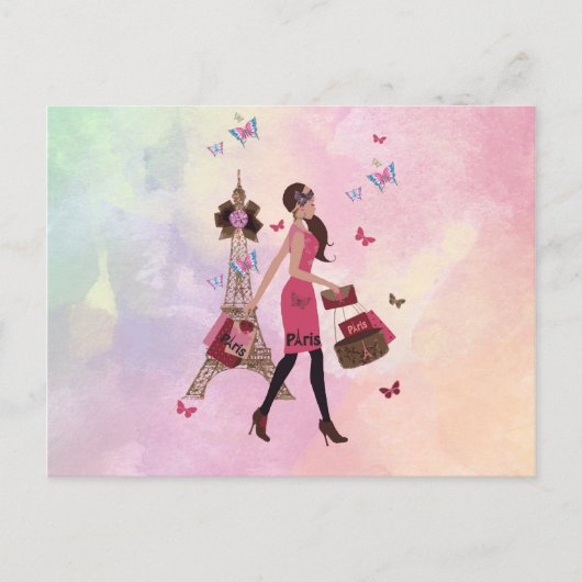 Cute Pink Waterverf Girl Paris Eiffel Tower Briefkaart (Voorkant)