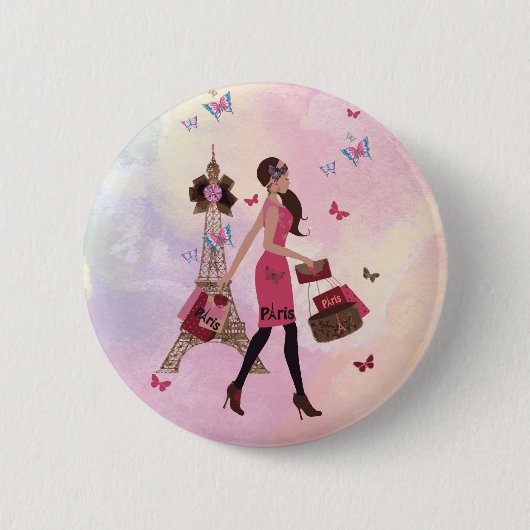 Cute Pink Waterverf Girl Paris Eiffel Tower Ronde Button 5,7 Cm (Voorkant)