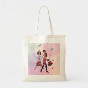 Cute Pink Waterverf Girl Paris Eiffel Tower Tote Bag