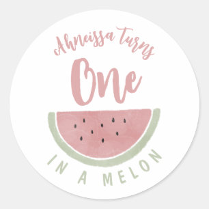 Cute Pink Waterverf One op een Melon Birthday Ronde Sticker