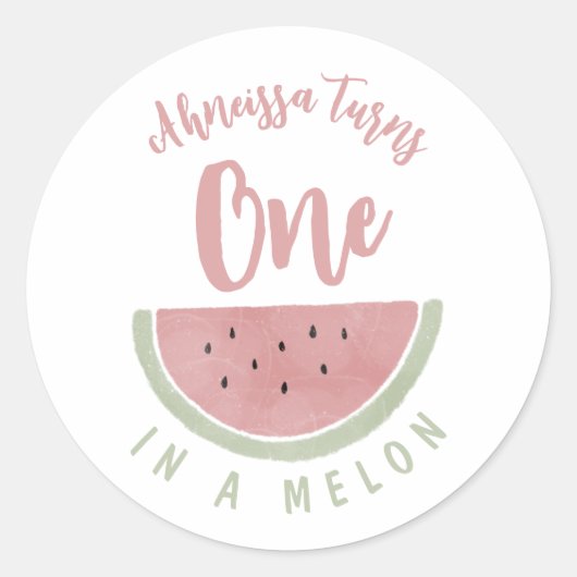 Cute Pink Waterverf One op een Melon Birthday Ronde Sticker (Voorkant)