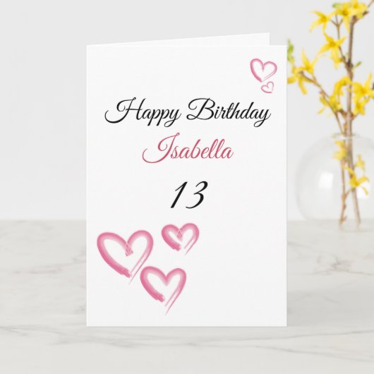 Cute Pink Waterverf Paint Hearts 13th Birthday Kaart (Gele Bloem)