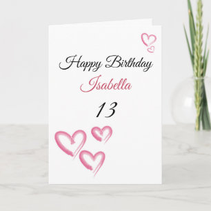 Cute Pink Waterverf Paint Hearts 13th Birthday Kaart