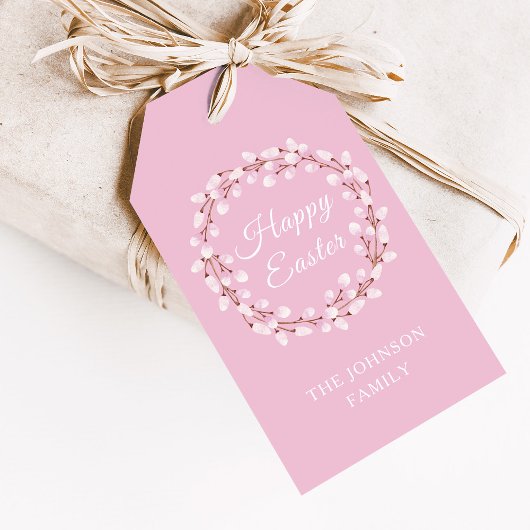 Cute Pink Waterverf Pussy Willow Happy Pasen Cadeaulabel