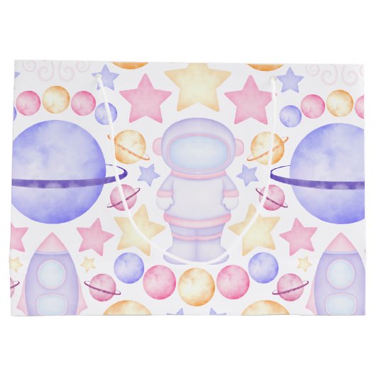 Cute Pink Waterverf Space Astronaus Birthday Groot Cadeauzakje (Achterkant)