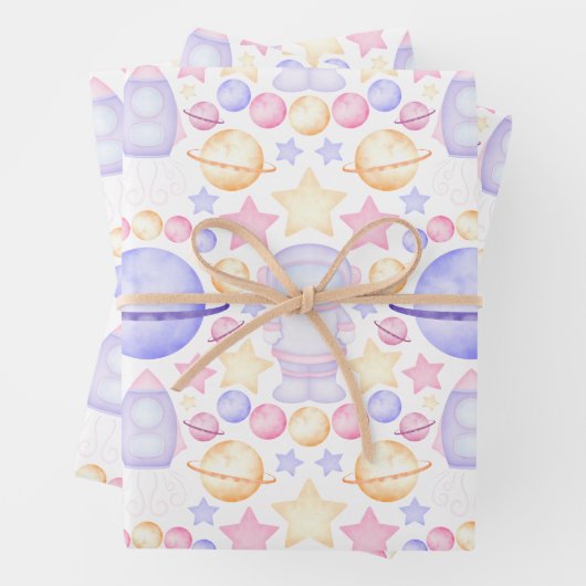 Cute Pink Waterverf Space Astronaus Birthday Inpakpapier Vel (In situ)