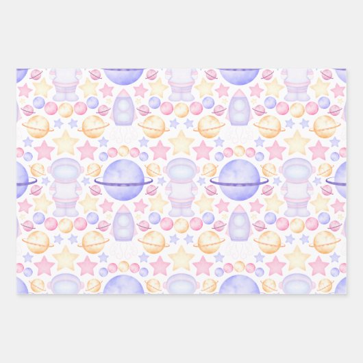 Cute Pink Waterverf Space Astronaus Birthday Inpakpapier Vel (Voorkant)