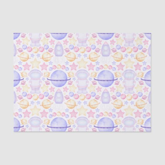 Cute Pink Waterverf Space Astronaus Birthday Tissuepapier (Voorkant)