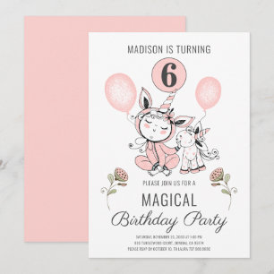Cute Pink Waterverf Unicorn Girl's 6e verjaardag Kaart