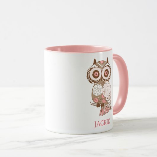Cute Pink Whimsical Owl Personalized Mok (Voorkant rechts)