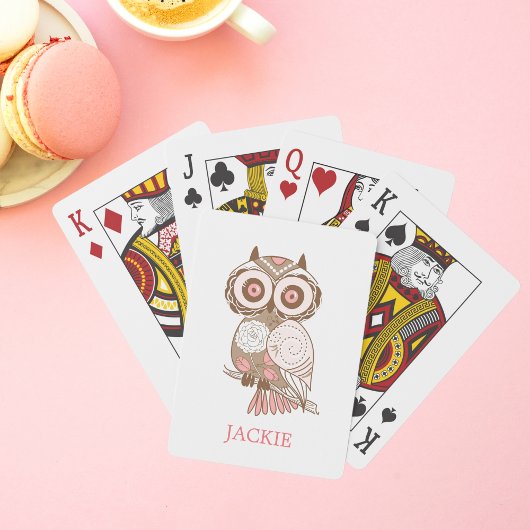 Cute Pink Whimsical Owl Personalized Pokerkaarten
