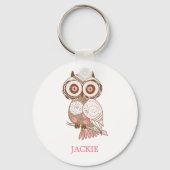 Cute Pink Whimsical Owl Personalized Sleutelhanger (Voorkant)