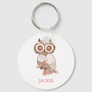 Cute Pink Whimsical Owl Personalized Sleutelhanger
