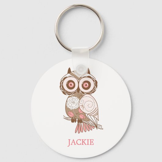 Cute Pink Whimsical Owl Personalized Sleutelhanger (Voorkant)