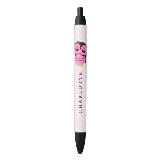 Cute Pink Whimsical Owl Zwarte Inkt Pen (Voorkant Verticaal)