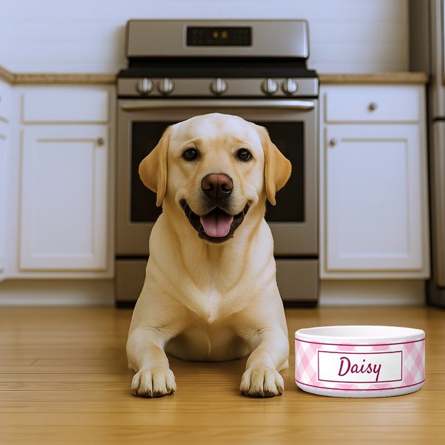 Cute Pink White Gingham Checkered Pattern Name Voerbakje (Creator heeft geüpload)