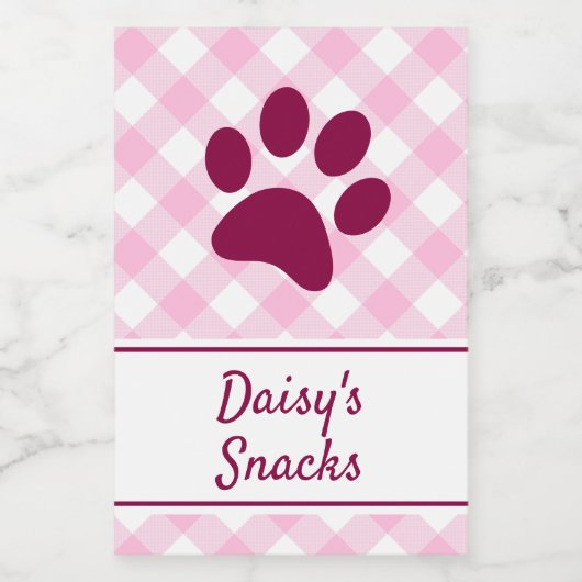 Cute Pink White Gingham Checkered Pattern Paw Name Voedselcontainer Etiket (Enkel label)
