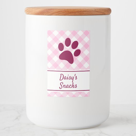 Cute Pink White Gingham Checkered Pattern Paw Name Voedselcontainer Etiket (Voorkant)