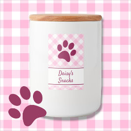 Cute Pink White Gingham Checkered Pattern Paw Name Voedselcontainer Etiket