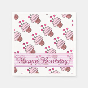 Cute Pink & White Heart Cupcakes Birthday Napkins Servetten