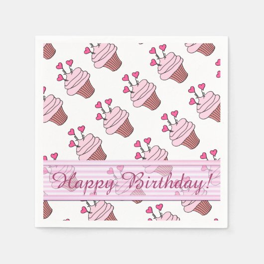 Cute Pink & White Heart Cupcakes Birthday Napkins Servetten (Voorkant)