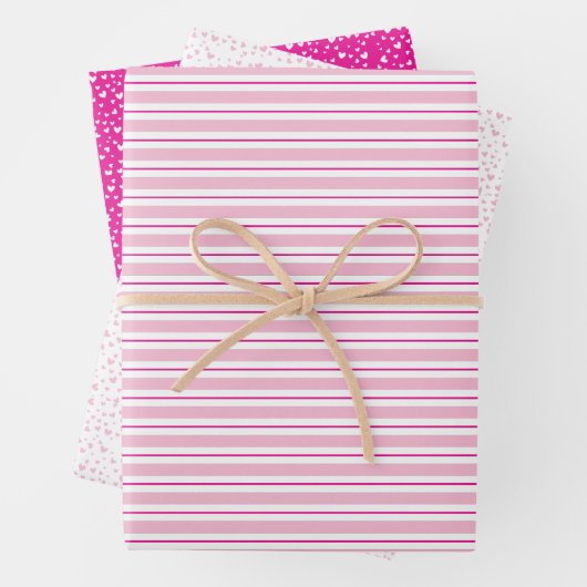 Cute Pink & White Hearts & Stripes Valentijnsdag Inpakpapier Vel (In situ)