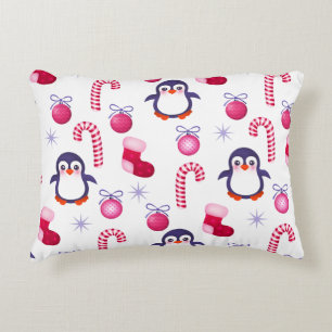 Cute Pink & White Kerstpatroon met pinguïns Accent Kussen