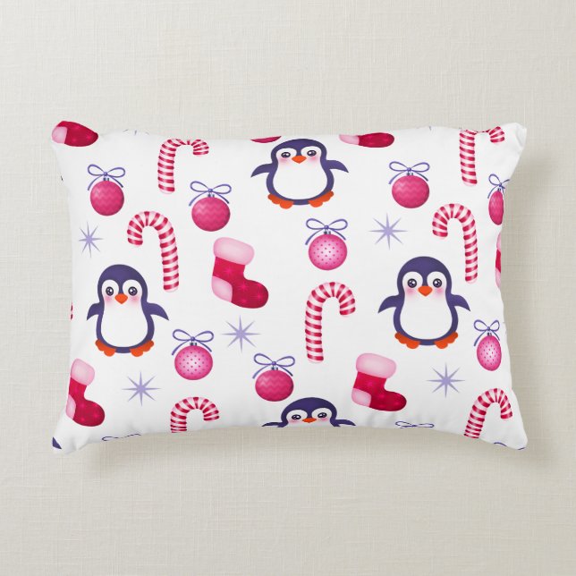 Cute Pink & White Kerstpatroon met pinguïns Accent Kussen (Voorkant)