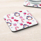 Cute Pink & White Kerstpatroon met pinguïns Bier Onderzetter (Linkerzijde)
