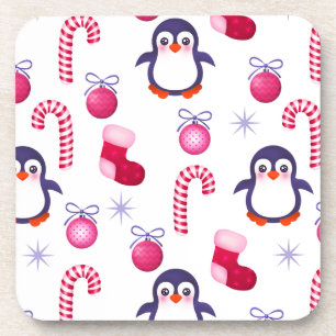 Cute Pink & White Kerstpatroon met pinguïns Bier Onderzetter