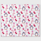 Cute Pink & White Kerstpatroon met pinguïns Cadeaupapier (Vlak)
