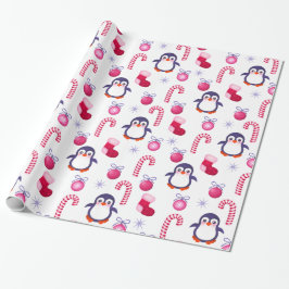 Cute Pink & White Kerstpatroon met pinguïns Cadeaupapier