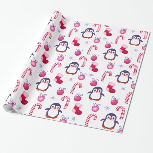 Cute Pink & White Kerstpatroon met pinguïns Cadeaupapier (Uitgerold)