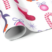Cute Pink & White Kerstpatroon met pinguïns Cadeaupapier (Rol Hoek)