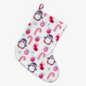 Cute Pink & White Kerstpatroon met pinguïns Grote Kerstsok (Voorkant (Hangend))