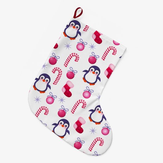 Cute Pink & White Kerstpatroon met pinguïns Grote Kerstsok (Voorkant (Hangend))