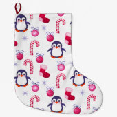 Cute Pink & White Kerstpatroon met pinguïns Grote Kerstsok (Voorkant)