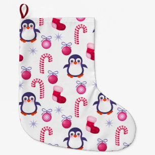 Cute Pink & White Kerstpatroon met pinguïns Grote Kerstsok