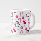 Cute Pink & White Kerstpatroon met pinguïns Grote Koffiekop (Voorkant rechts)