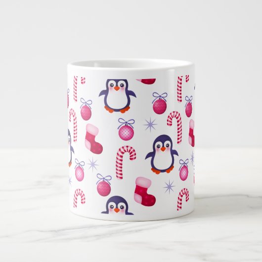 Cute Pink & White Kerstpatroon met pinguïns Grote Koffiekop (Voorkant)