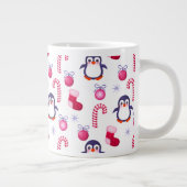 Cute Pink & White Kerstpatroon met pinguïns Grote Koffiekop (Rechts)