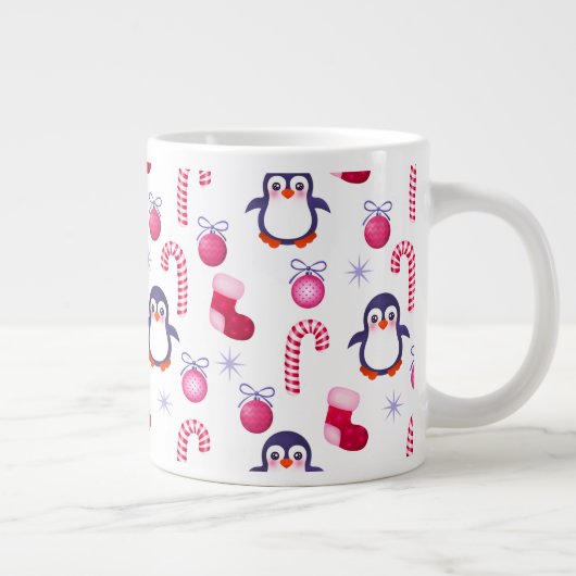 Cute Pink & White Kerstpatroon met pinguïns Grote Koffiekop (Rechts)