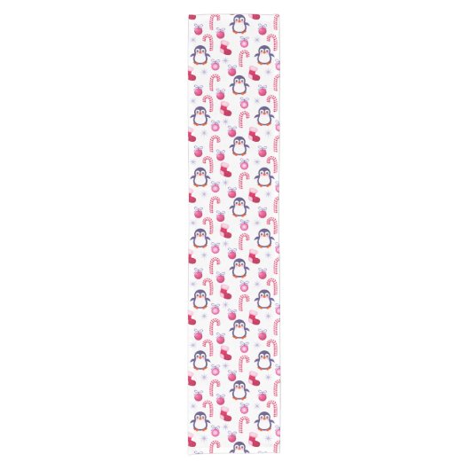 Cute Pink & White Kerstpatroon met pinguïns Korte Tafelloper (Voorkant)