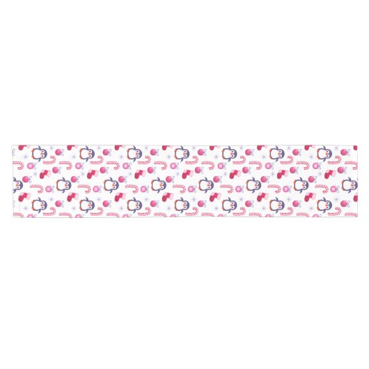 Cute Pink & White Kerstpatroon met pinguïns Korte Tafelloper (Horizontaal)